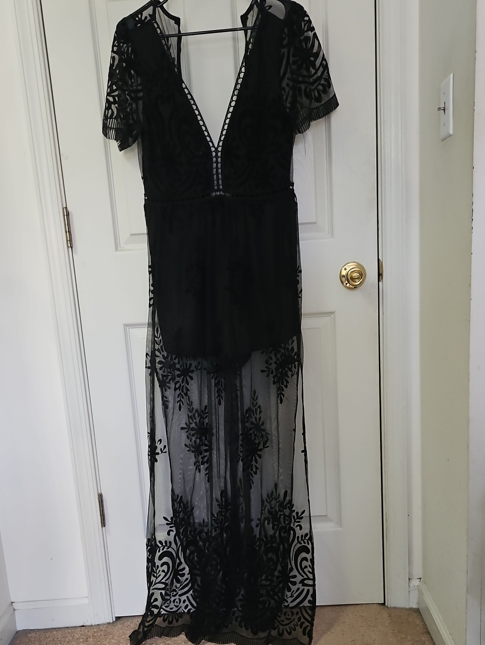 Black Embroidered Mesh Maxi Dress - Elegant Evening Wear